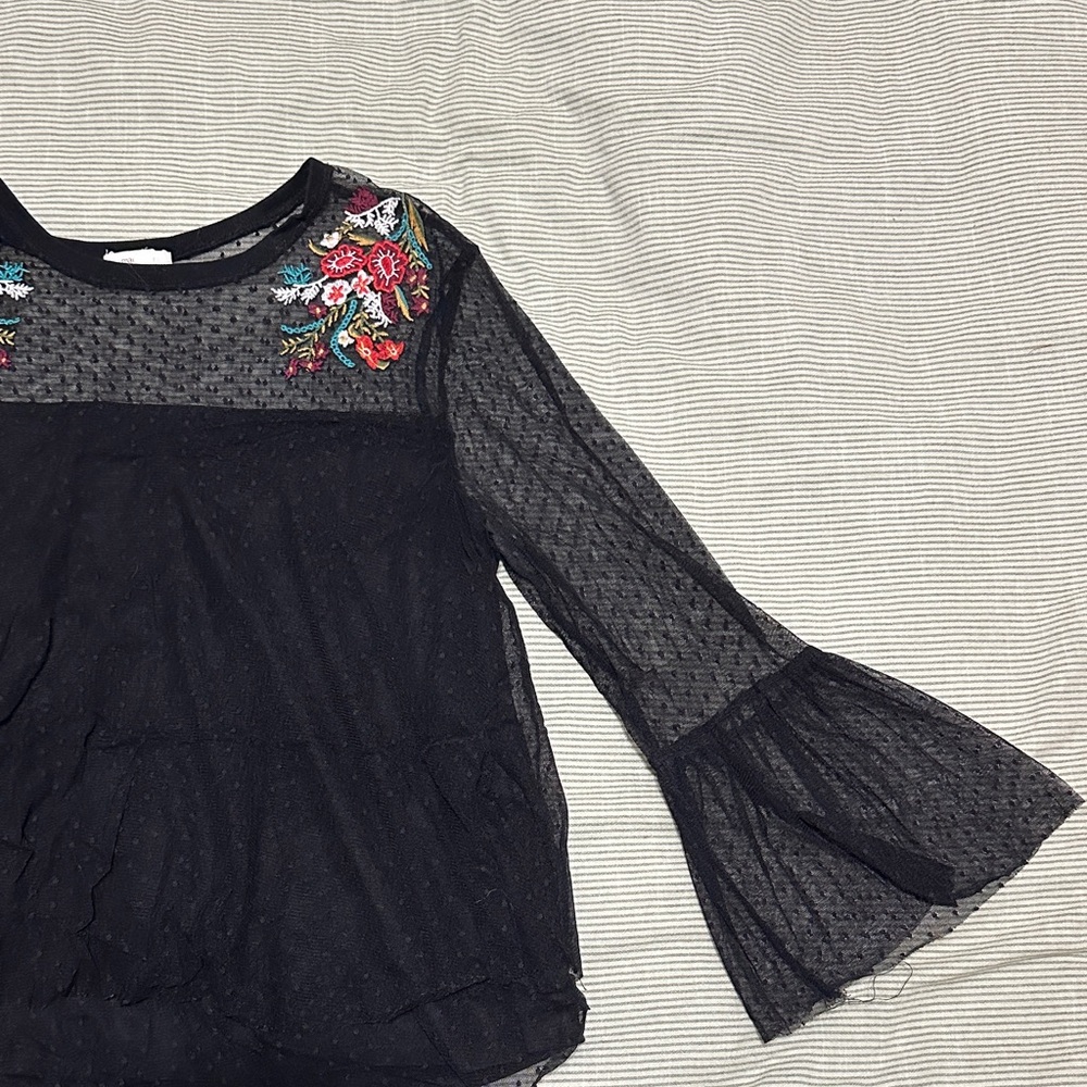 Maurices Black Sheer Blouse with Floral Embroidery